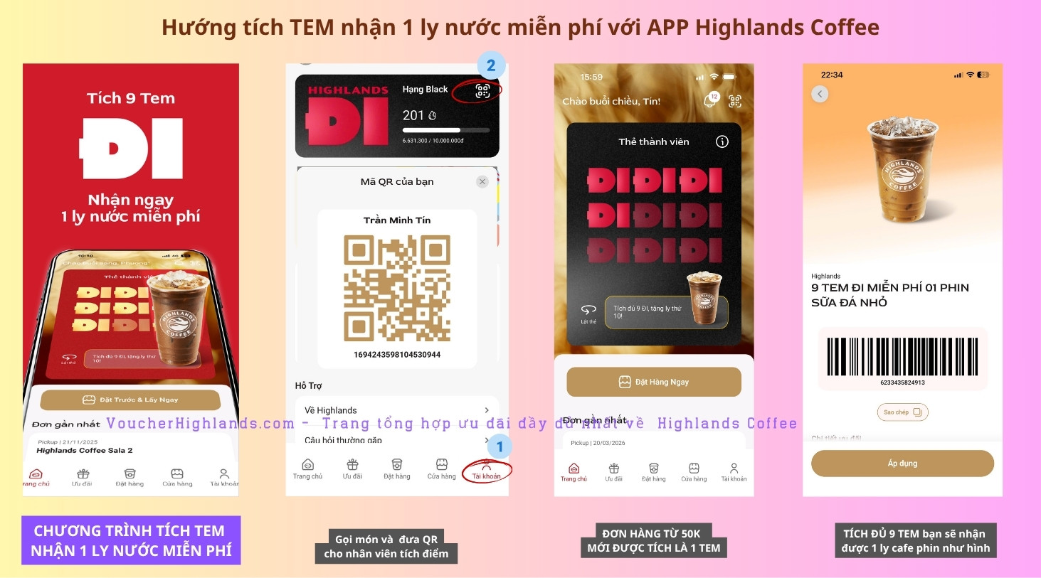 Tất tần tật về Chương trình thành viên Highlands - Tặng Free nước & Mã Mua 1 Tặng 1
10 Tích Tem nhận Cafe miễn phí - Chương trình thanh viên Highlands Coffee
