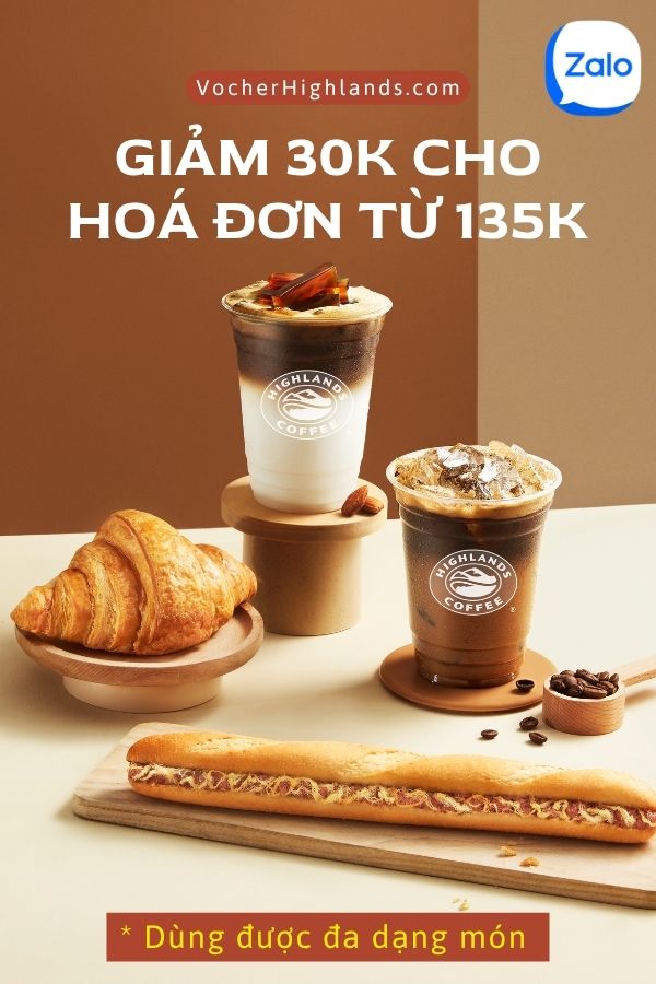 Voucher Highlands Giảm 30K cho hoá đơn 135K
