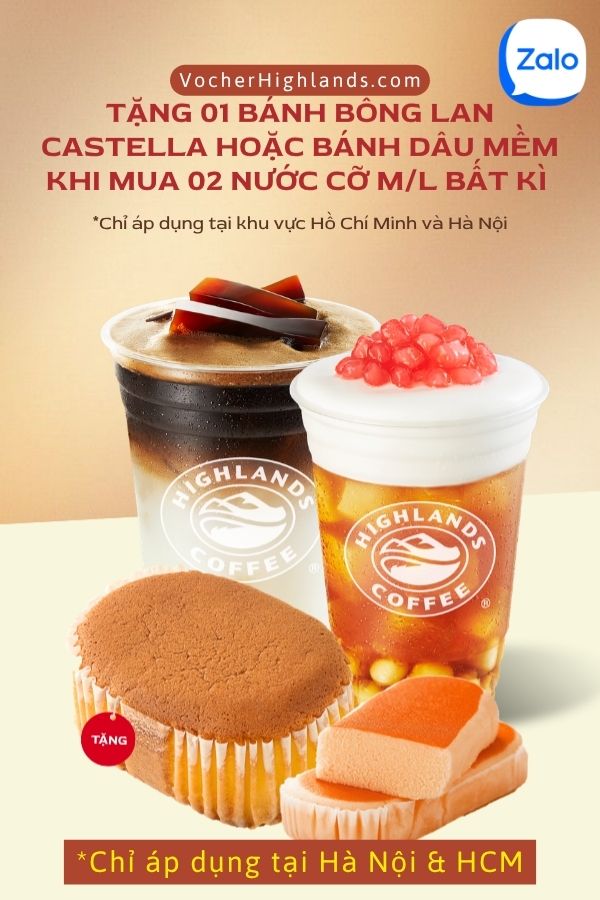 Voucher Highlands mua 2 nước tặng bánh