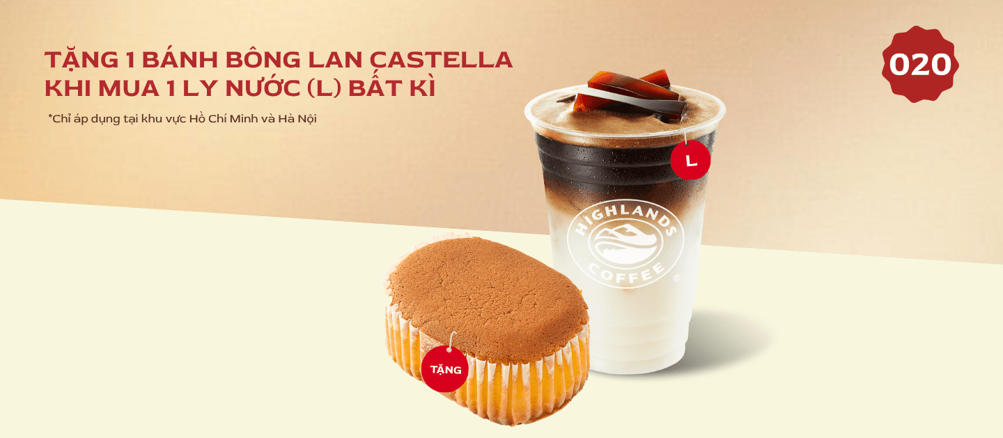 Voucher Highlands tháng 05 - Mua 1 ly nước L bất kì Tặng 1 Bánh Bông Lan Castella